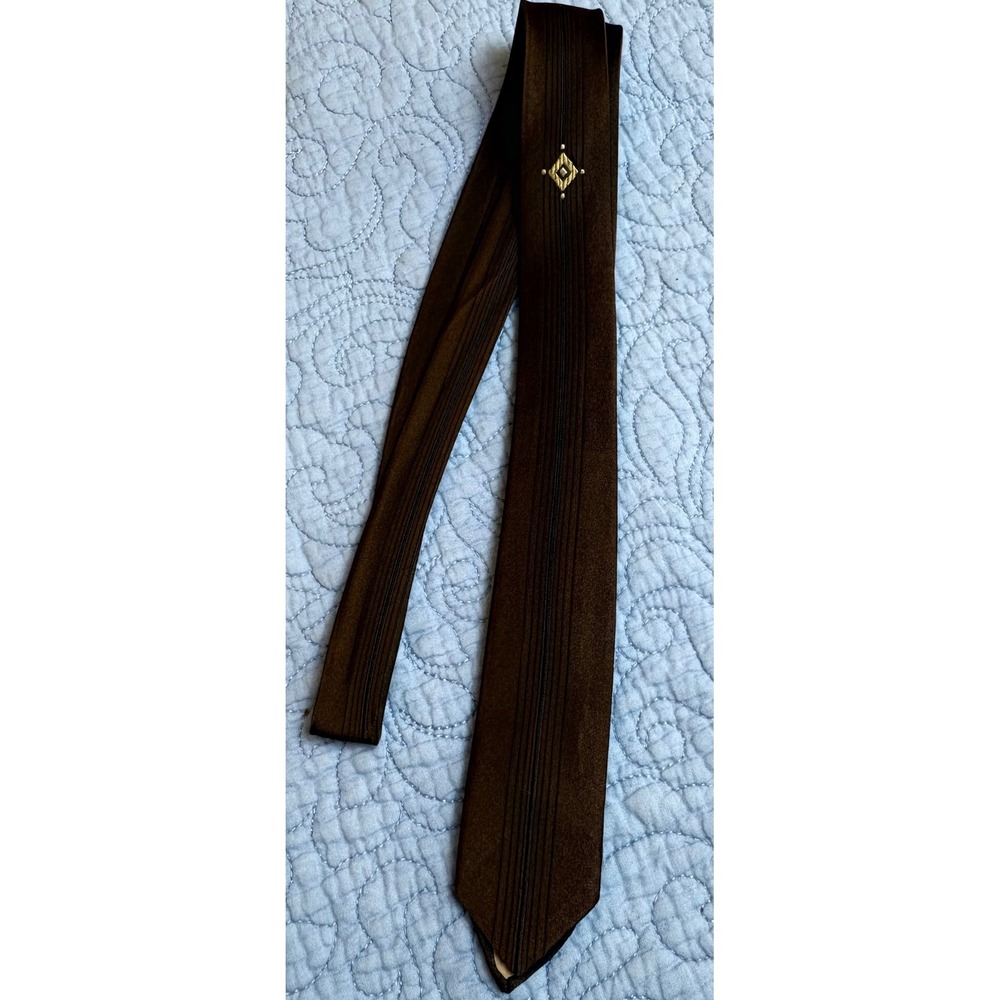 Vintage Wembley Brown Skinny Tie Embroidered Diamond Motif Mid Century Retro